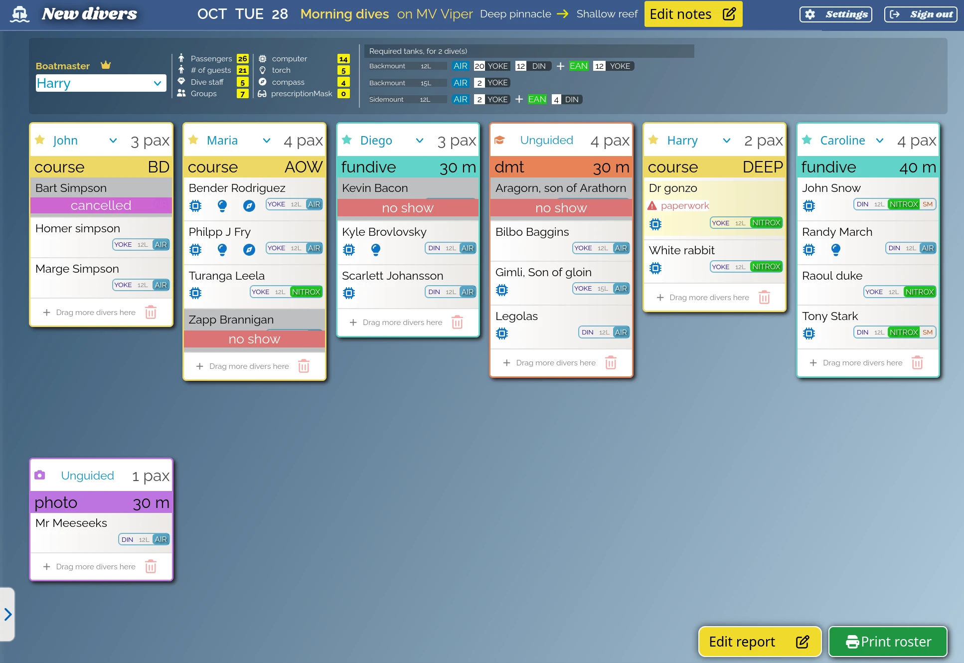 A close up of a roster created with BoatMasta, showing detailed passenger information including special requests and gear needs