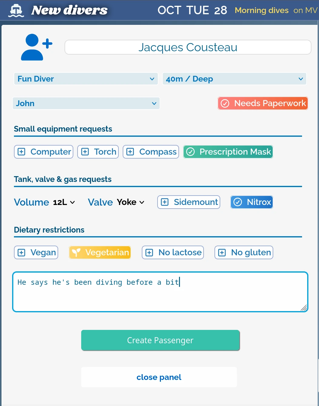A close up of a roster created with BoatMasta, showing detailed passenger information including special requests and gear needs