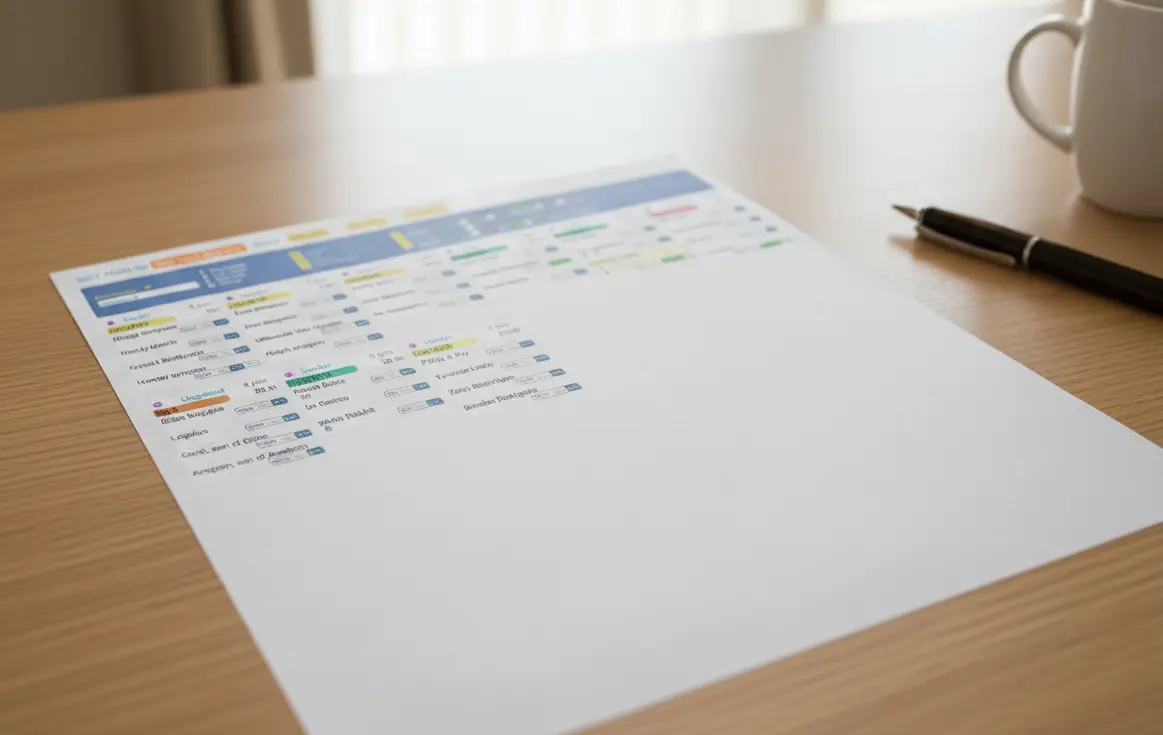 A printed roster lying on a wooden table, ready to be used on the dive boat